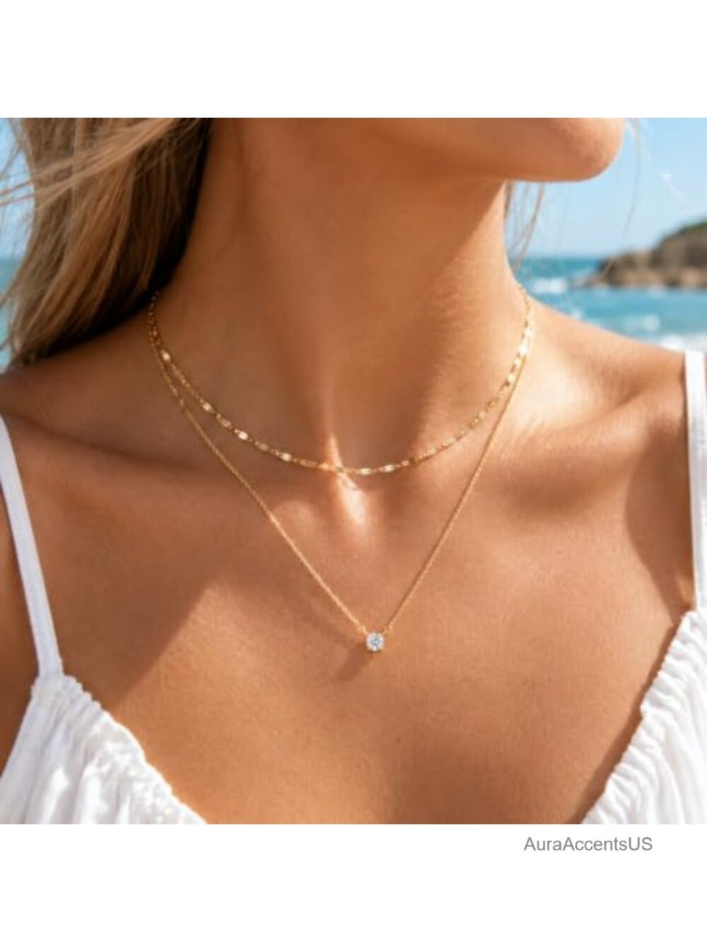 Layered Necklace Set Women Cubic Zirconia Pendant 14K Gold Silver Plated Double - Picture 3 of 6